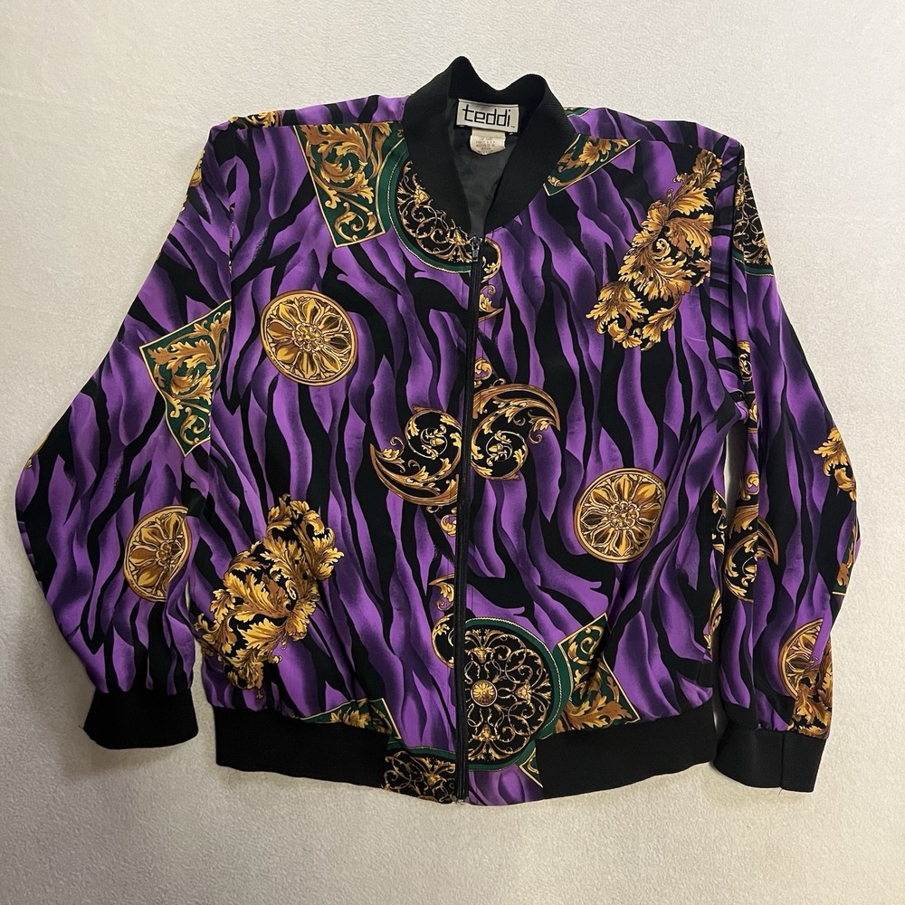 Teddi Vintage 90s Abstract Floral Full Zip Bomber Jacket Artsy Size Medium Retro